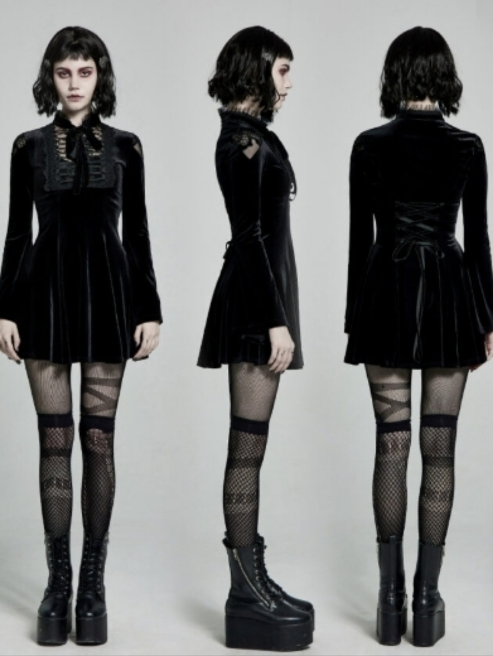 PUNK RAVE Daily Gothic Velvet Long Sleeved Mini Dress with Lace Up Back